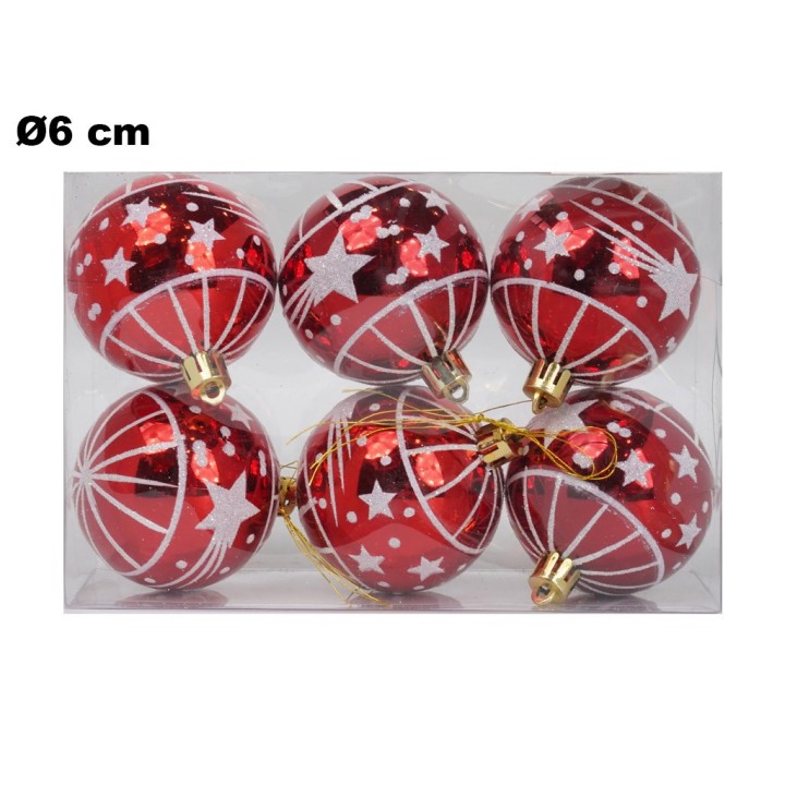 SET 6 PALLINE NATALIZIE ROSSE CON STELLE