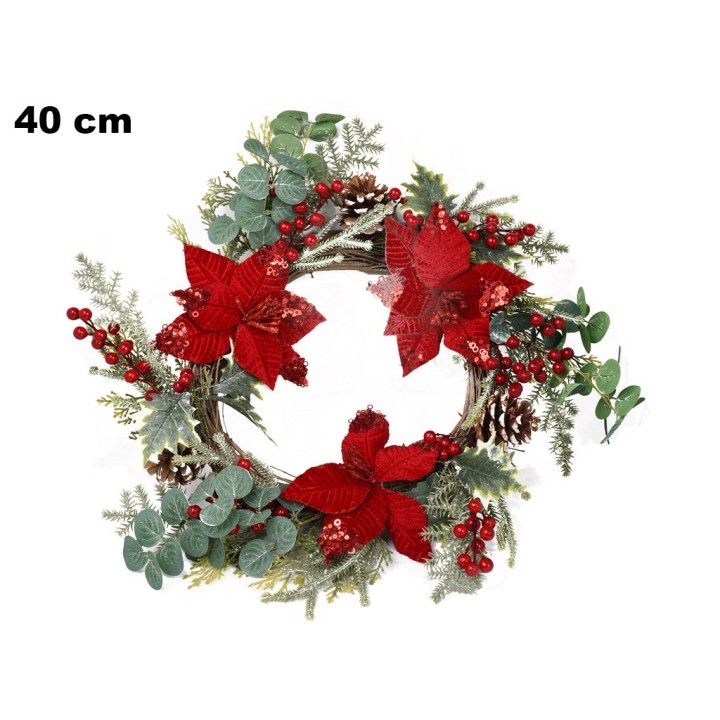CORONA NATALIZIA 40 CM CON BACCHE PIGNE