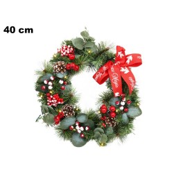 CORONA NATALIZIA 40CM BACCHE/PIGNE/15LED
