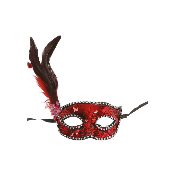 MASCHERA PAILLETTES ROSSE CON PIUMA