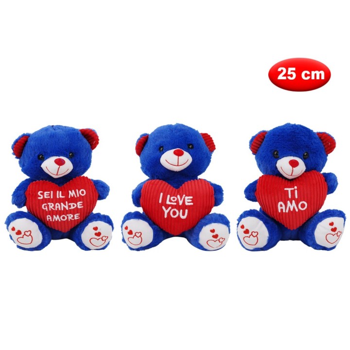 PELUCHE ORSO BLU CON CUORE MORBIDì 25CM