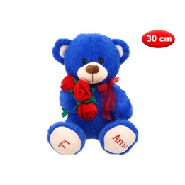PELUCHE MORBIDì ORSO BLU CON FIORI CM 30